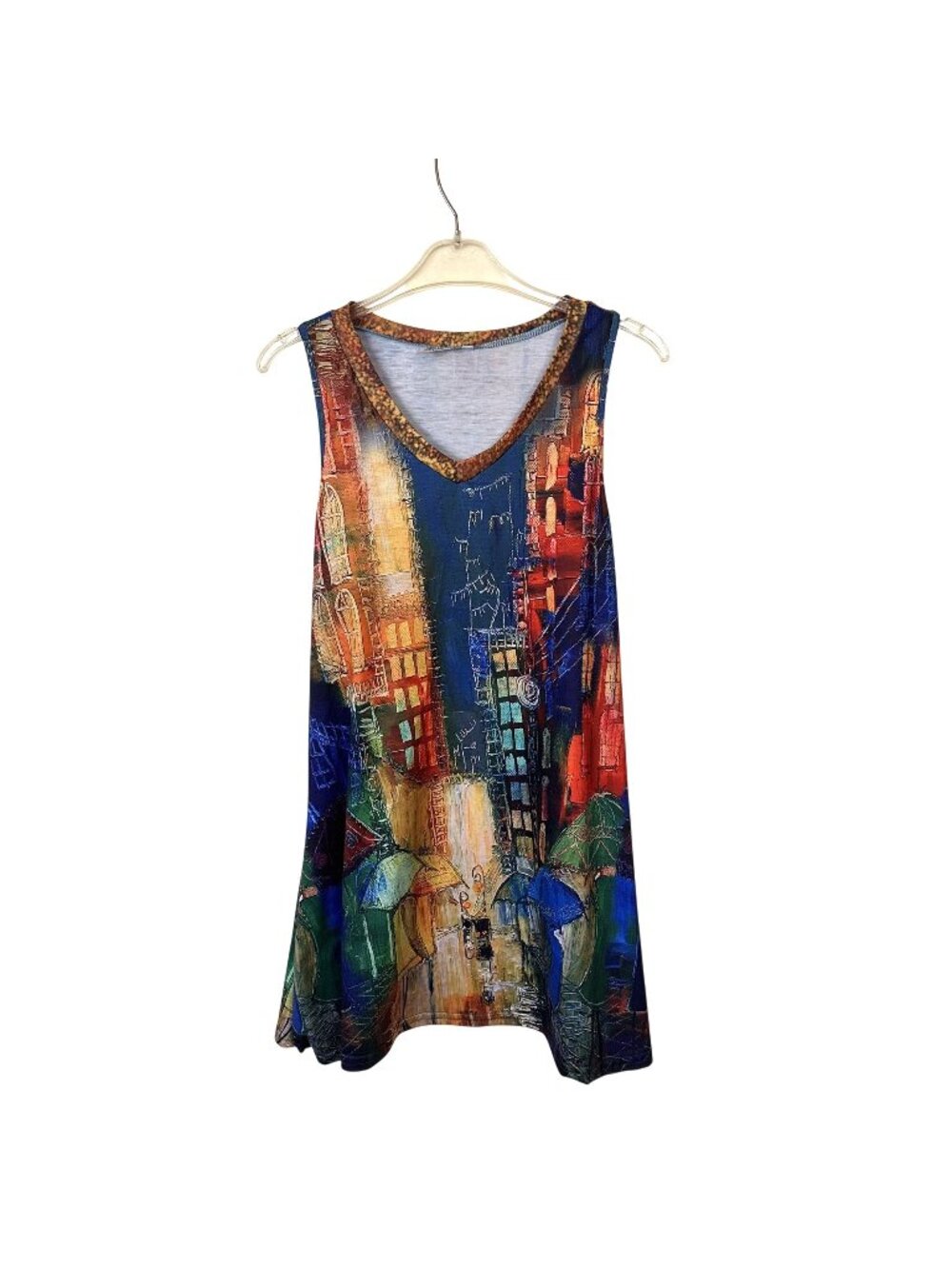 Womens Colorful Sleeveless Tunic Tank Dress Cityscape Print V Neck Small Graphic